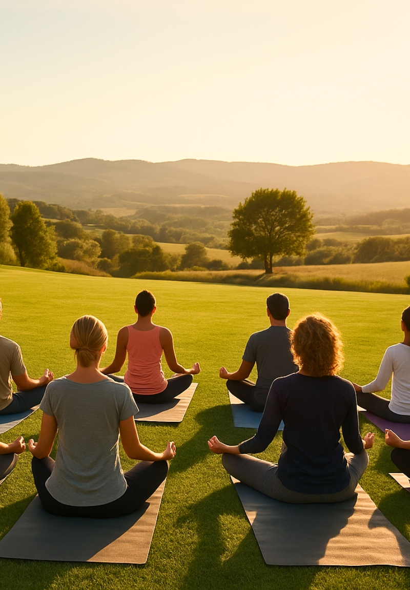 grup de persones fent yoga mirant a l'horitzó retiro espiritual grup de persones fent yoga mirant a l'horitzó retiro espiritual