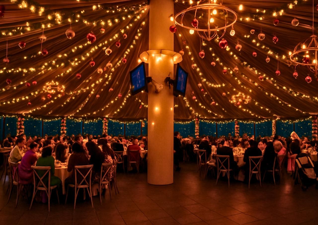 Cena de fin de año en una carpa de cristal con decoración navideña en Tortosa